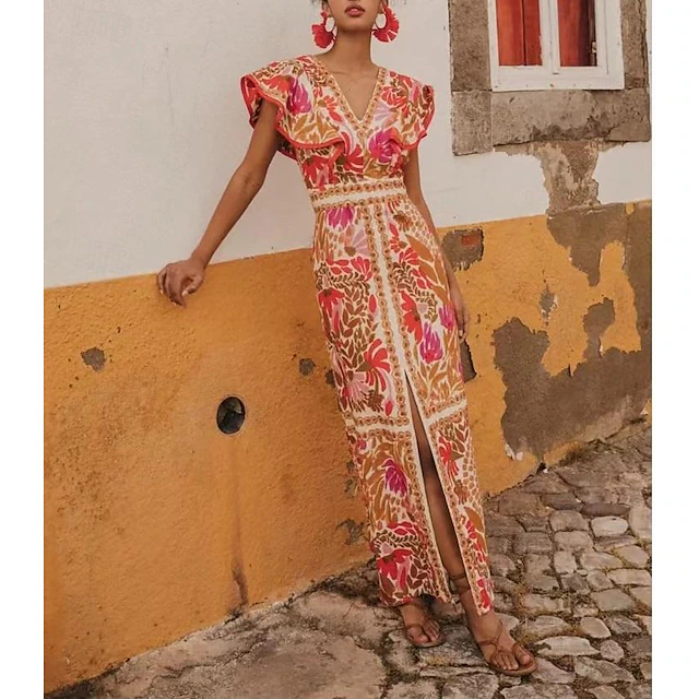 Women's Graphic Color Block Backless Split Thigh V Neck Flutter Sleeve Midi Dress Elegant Stylish Date Vacation Sleeveless Summer 5