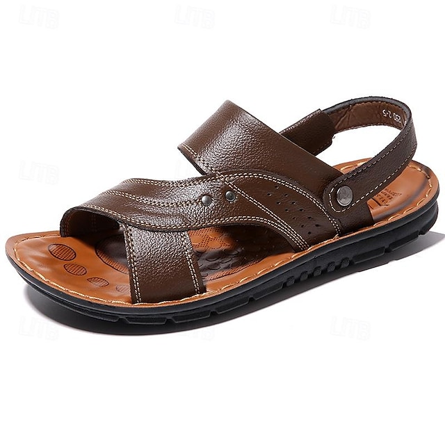  Men's Leather Sandals Summer Sandals Fashion Sandals Beach Vacation Breathable Slippers Shoes Black Brown