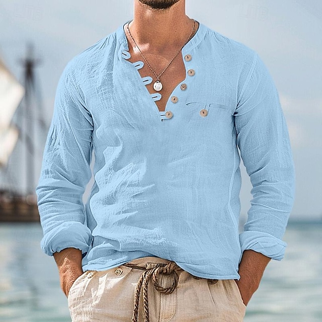  Ανδρικά Πουκάμισο λινό πουκάμισο Καλοκαιρινό πουκάμισο Πουκάμισο παραλίας Μαύρο Λευκό Θαλασσί Μακρυμάνικο Συμπαγές Χρώμα Χένλι Καλοκαίρι Δρόμος Καθημερινά Ρούχα Κουμπί