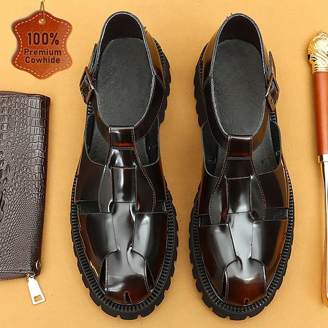  Homens Sandálias Sapatos de couro sandálias pescadores Couro Couro de grão integral italiano Respirável Confortável Antiderrapante Com Cadarço Preto Café