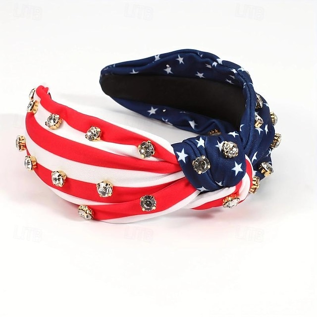  Bandeira americana estampada faixa de cabeça de aba larga elegante glitter strass decorativo atado argola de cabelo adequada para uso independente no dia a dia