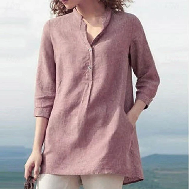Women's Shirt Blouse Cotton Linen Shirts Plain Casual 3/4 Length Sleeve V Neck Regular Tops Daily Buttons Pocket White Pink Royal Blue Gray Spring & Summer 7