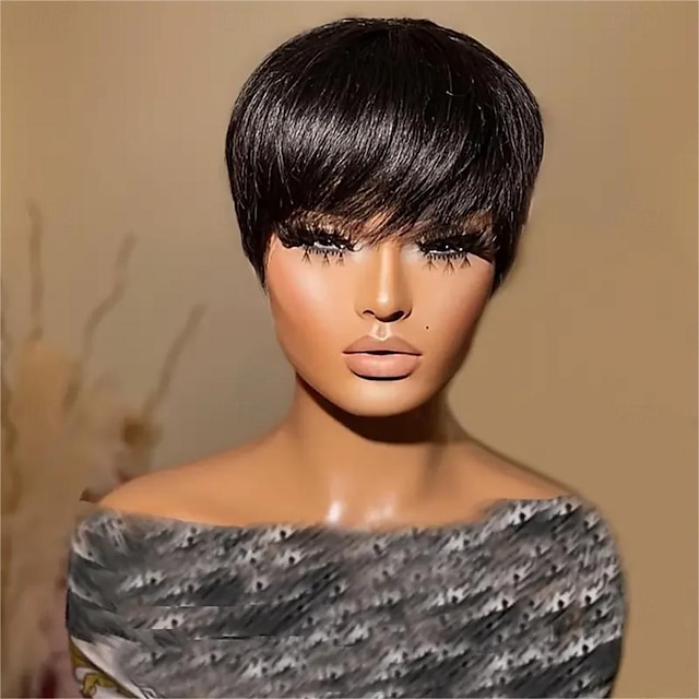  Perucas curtas onduladas em camadas pretas para mulheres 1b cor cabelo humano perucas curtas corte pixie perucas com franja