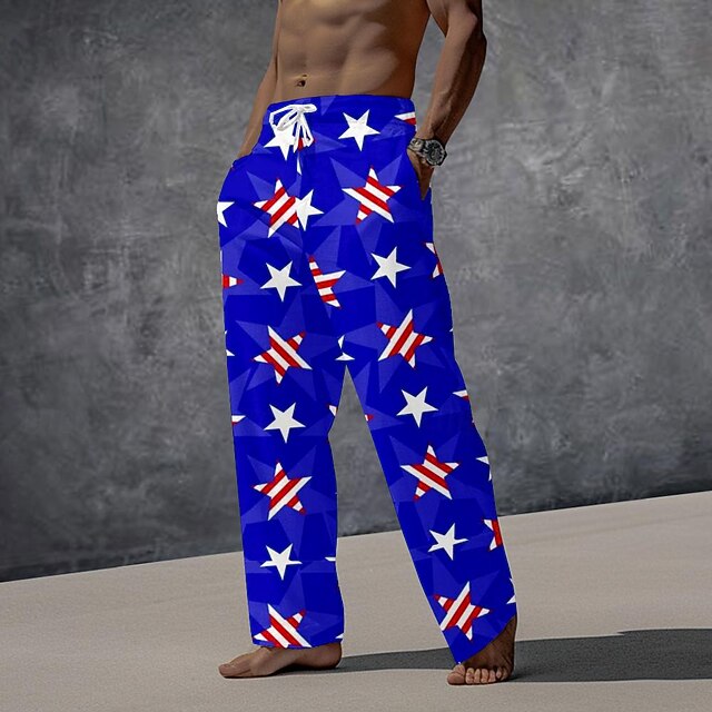 Men's Vacation Hawaiian Casual Flag American Flag Trousers Pants Trousers 3D Print Pocket Mid Waist Party Evening Dailywear Beach Wear Summer Spring Blue Relaxed Fit Inelastic4