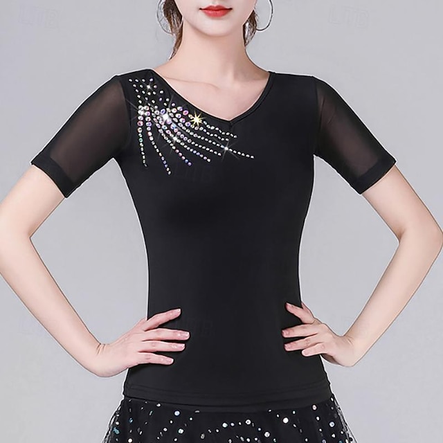  Latin Dance Ballroom Dance Top Pure Color Splicing Crystals / Rhinestones Women's Performance Training Short Sleeve High Polyester