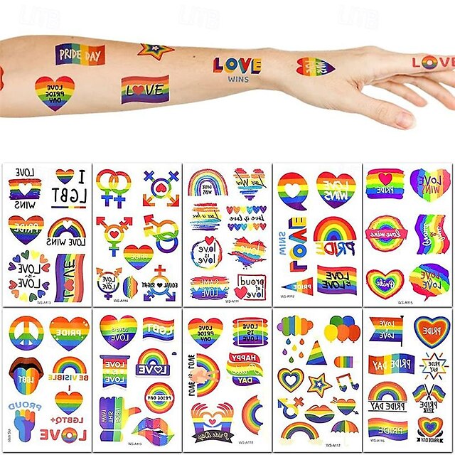  10 Sheet Pride Rainbow Tattoo Sticker Temporary Tattoo Gay Pride Parade Body Painting Party Celebration Personality