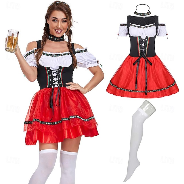  Karnival Oktoberfest öl Kostym Dirndl Trachtenkleader Hembiträde Sexig Bavarian semester klänning Ängar Dam Traditionell stil tyg Klänning Strumpor Pannband