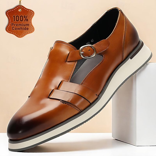  Men's Sandals Leather Shoes Fishermen sandals Leather Italian Full-Grain Cowhide Breathable Comfortable Slip Resistant Buckle Brown