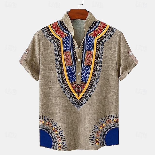  Męskie lniana koszula Koszula Henley koszule w stylu retro Koszula w stylu vintage Koszula etniczna Urlop Codzienny Zielony Khaki Beżowy Krótki rękaw Kołnierzyk chiński Lato Wiosna Odzież Druk 3D