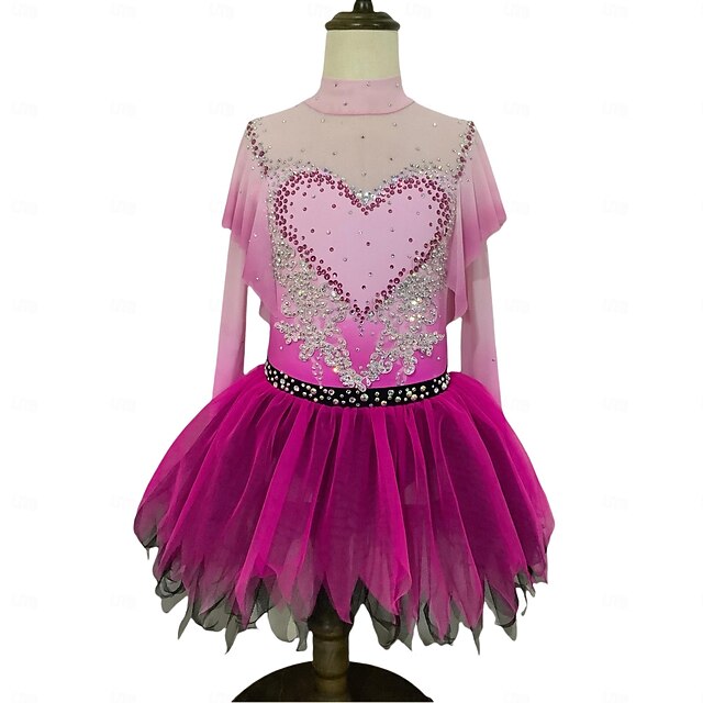 Figure Skating Dress Women's Girls' Ice Skating Dress Dark Pink Thumbhole Halo Dyeing Mesh Spandex Stretchy Training Practice Professional Skating Wear Thermal Warm Classic Crystal / Rhinestone Long4