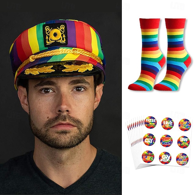  arco-íris capitão iate marinheiros chapéu meias 90 peças adesivos com tema do orgulho queer lgbt lgbtq adultos unissex lésbicas gays para parada do orgulho festa do mês do orgulho carnaval