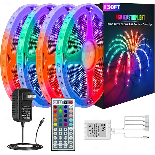  RGB LED ストリップ ライト キット 10-40 メートル (32.8-130 フィート) フレキシブル LED ライト ストリップ 5050 RGB SMD LED IR 44 キー コントローラー、インストール パッケージおよび 12V アダプター キット付き