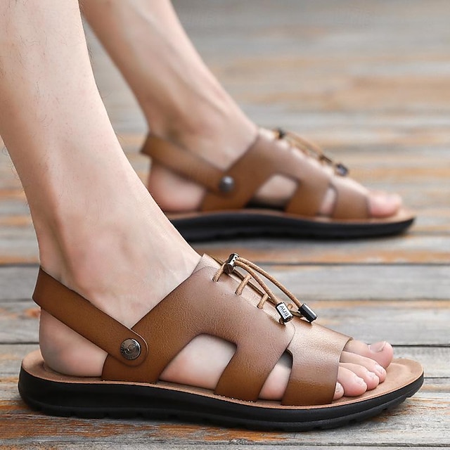  mænds pu lædersandaler sorte sommersandaler afslappet udendørs ferie strand åndbar elastik bånd sko
