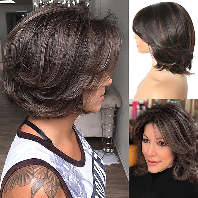 parrucche corte a strati con frangia a tenda parrucche a strati bob marroni per le donne parrucche corte a strati ondulate parrucca a strati con taglio pixie parrucche sintetiche morbide