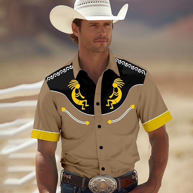Men's Southwestern Print Shirt Western Shirt Cowboy Shirt Short Sleeve Western Style Tribal Summer Spring Shirt Collar Khaki4