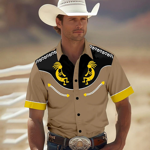 Men's Southwestern Print Shirt Western Shirt Cowboy Shirt Short Sleeve Western Style Tribal Summer Spring Shirt Collar Khaki4