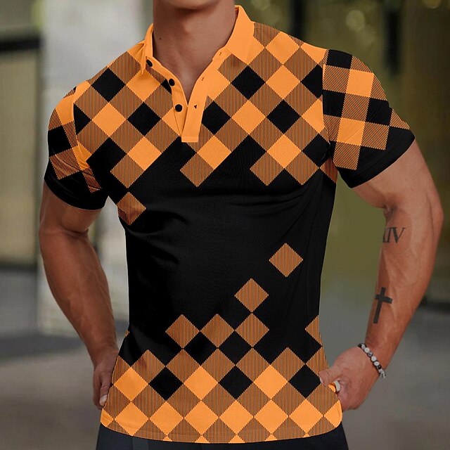 Men's Plaid Polo Shirts Golf Shirt Short Sleeve Polo Shirts Collared Shirts Casual Vacation Wear Formal Wear Festival Wear Buttons 3D Print Summer Spring Orange4