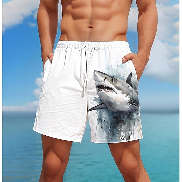  Men's Shorts Summer Shorts Casual Shorts Pocket Drawstring Elastic Waist Animal Shark Breathable Soft Short Casual Daily Holiday Fashion Streetwear Black White Micro-elastic