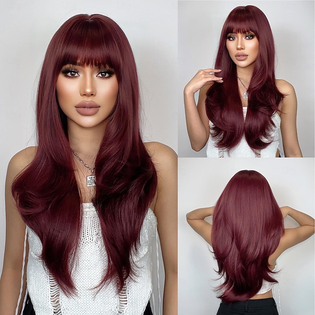  Synthetic Wig Uniforms Career Costumes Princess Straight kinky Straight Middle Part Layered Haircut Machine Made Wig 26 inch Wine Red Synthetic Hair Women's Cosplay Party Fashion Burgundy