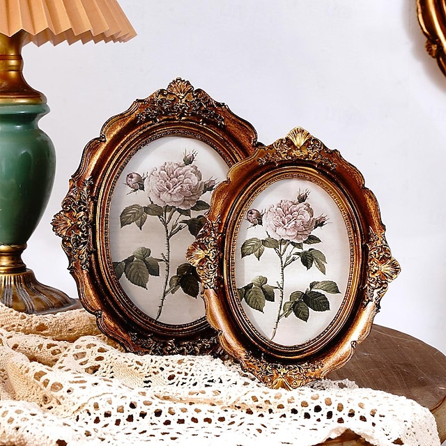 Vintage Floral Pattern Oval Decorative Frame - Resin Material Antique-Look Desktop Decor Frame for Photo Decoration, Photography Props, and Ornamental Display