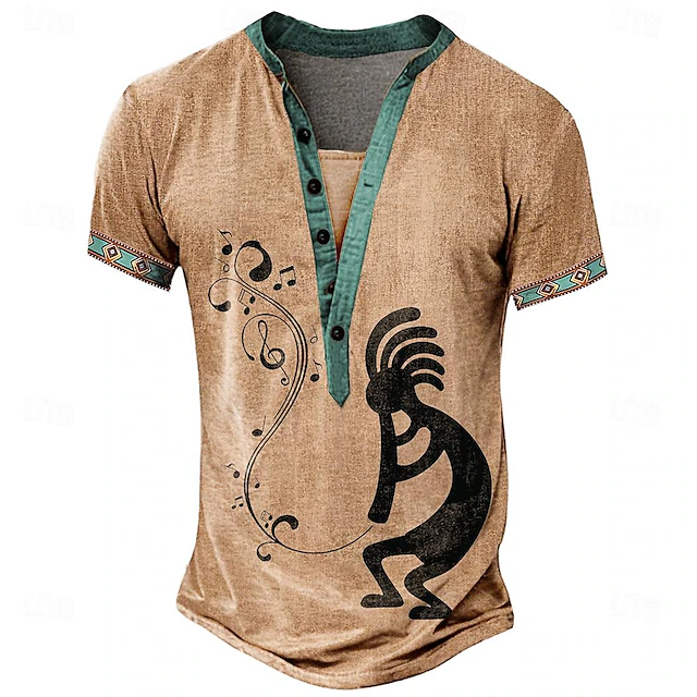 Men's Tribal Bandana Print T Shirt Henley Shirt Short Sleeve 3D Print Vacation Tropical Fashion Vacation Casual Daily Summer Spring Yellow Brown Khaki Henley Henley T-Shirt 6