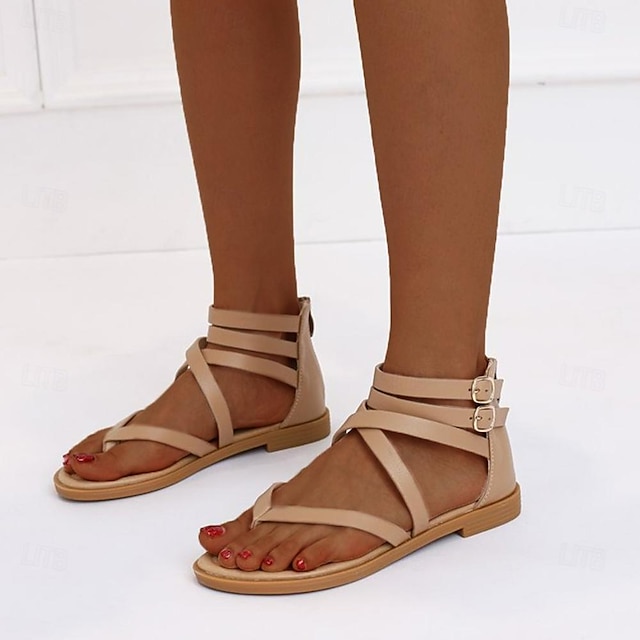  Women's Sandals Summer Flat Gladiator T-Strap Sandals Roman Sandal Shoes Open Toe Shoes Thong Flip Flop Casual Beach Shoes Hollow Black Apricot Brown