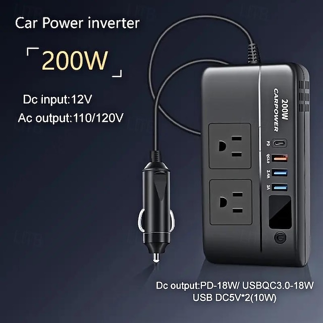  Invertor de putere 200w pentru mașină - convertor dc 12v la 110v ac cu 3 usb tip-c și ecran de afișare cu LED potrivit pentru mașini/suv-uri/camioane