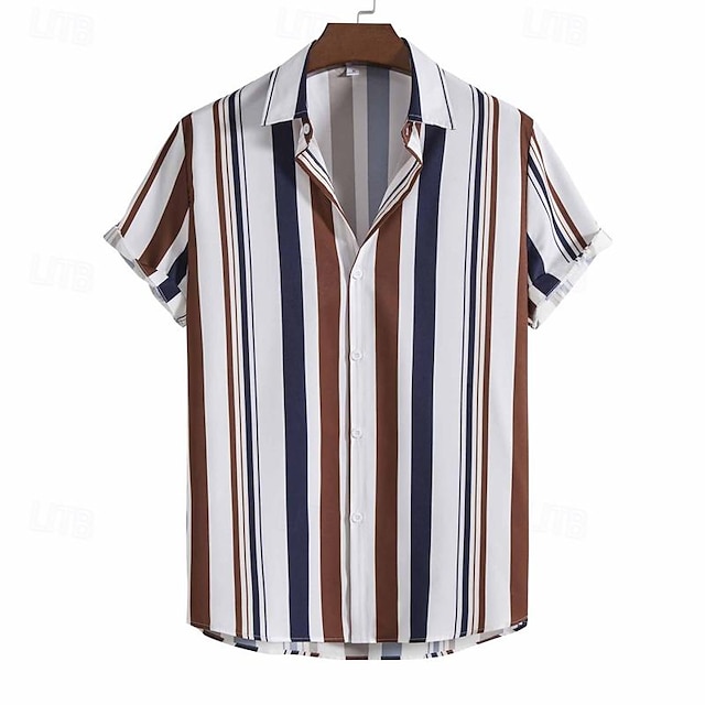  Men's Shirt Button Up Shirt Casual Shirt Summer Shirt Beach Shirt Coffee Short Sleeve Stripes Turndown Hawaiian Holiday Clothing Apparel Fashion Casual Comfortable