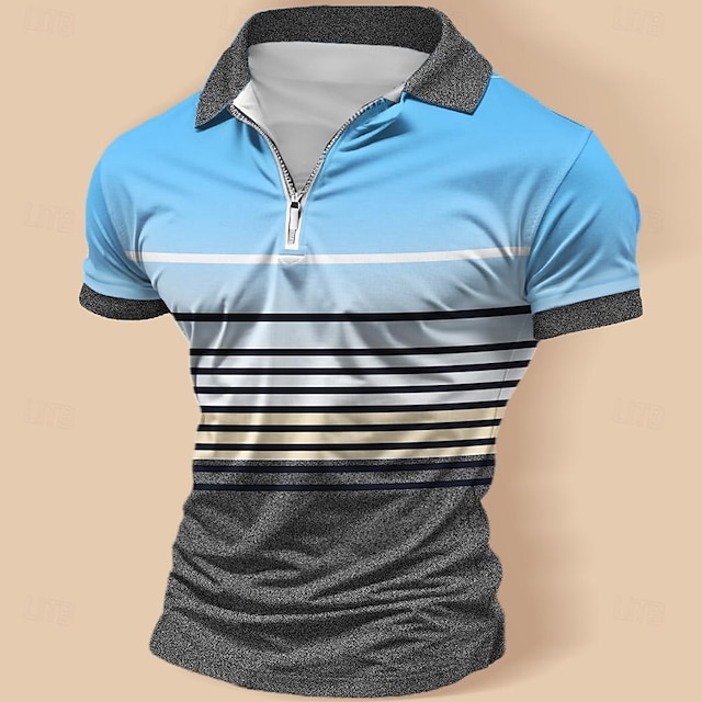  Striped Men's Business Casual 3D Print Zip Polo Street Daily Holiday Polyester Short Sleeve Turndown Polo Shirts Blue Spring & Summer S M L Micro-elastic Lapel Polo