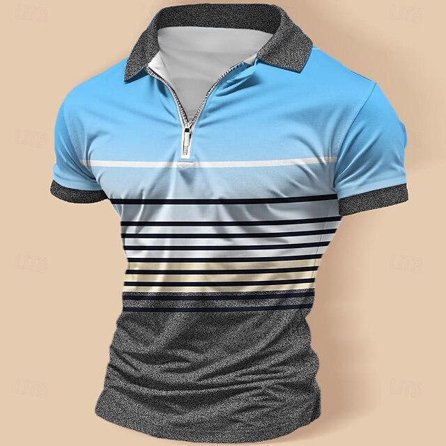 Men's Striped Zip Polo Shirts Golf Shirt Short Sleeve Polo Shirts Collared Shirts Business Casual WorkWear Formal Wear Festival Wear 3D Print Quarter Zip Polo Spring & Summer Blue4