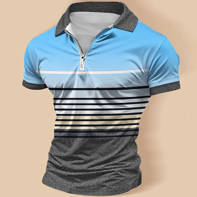 Men's Striped Zip Polo Shirts Golf Shirt Short Sleeve Polo Shirts Collared Shirts Business Casual WorkWear Formal Wear Festival Wear 3D Print Quarter Zip Polo Spring & Summer Blue4