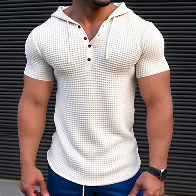 Men's Waffle Knit Tee Tee Top Short Sleeve Hooded Summer Solid Color Daily Casual Buttons Hooded Outdoor Street Causal Green White khaki Top Tee for Men 8
