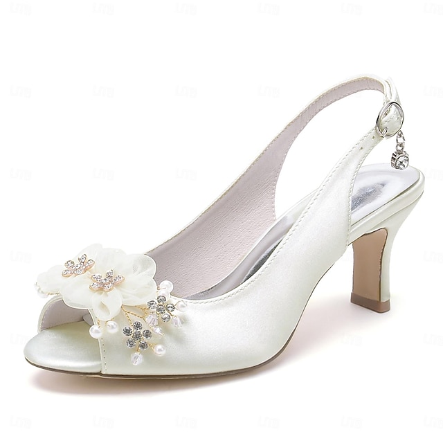  Dame Bryllup Sko Sandaler Valentins gaver Hvide sko Bryllup Fest Daglig Bryllupsandaler Brudesko Brudepige sko Bjergkrystal Satinblomst Kraftige Hæle Kigge Tå Elegant Mode Sød Stil Satin Ankel Strop