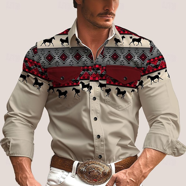  Tribale stile western Tribale Per uomo Camicia Estate Primavera Autunno Colletto Manica lunga Cachi S, M, L Poliestere Camicia