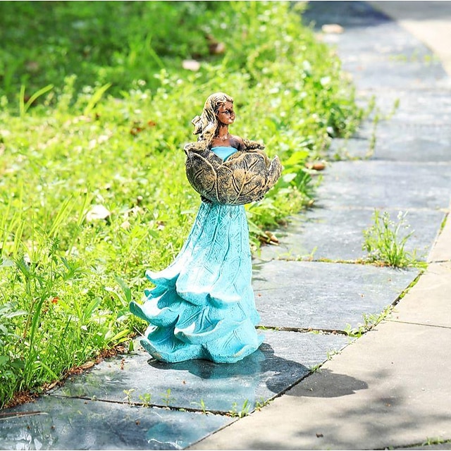  Кормушка для птиц из смолы с девушкой в синем платье, уличное декоративное украшение для двора, лужайки, сада, патио