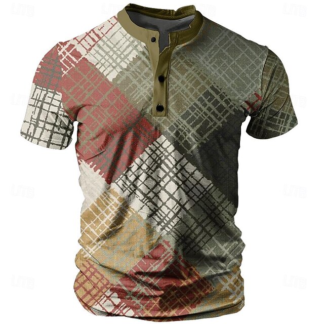 Men's Color Block T shirt Henley Shirt Short Sleeve 3D Print Fashion Designer Casual Street Casual Daily Summer Spring Green Henley Henley T-Shirt4