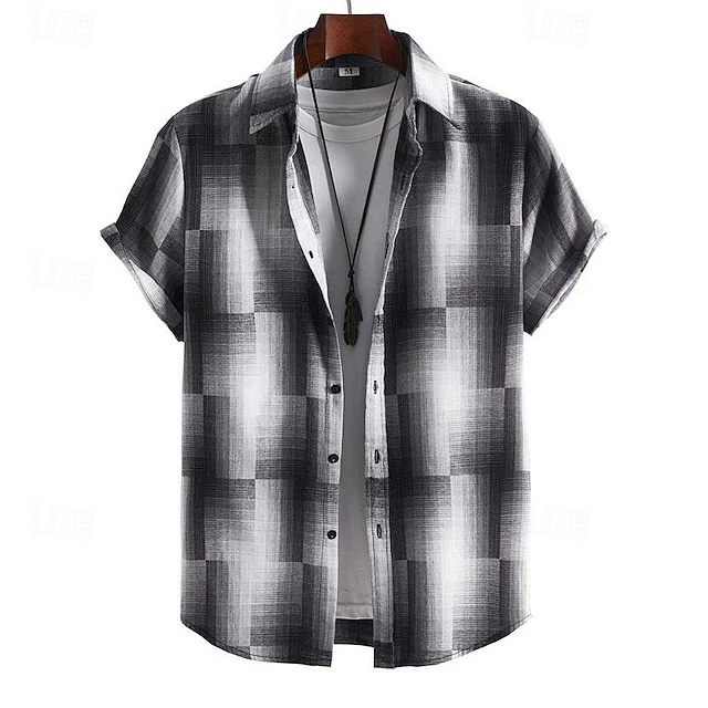 Men's Shirt Summer Shirt Casual Shirt Beach Shirt Button Up Shirt Black Short Sleeve Plaid Turndown Vacation Hawaiian Clothing Apparel Polyester Fashion Casual Comfortable 9