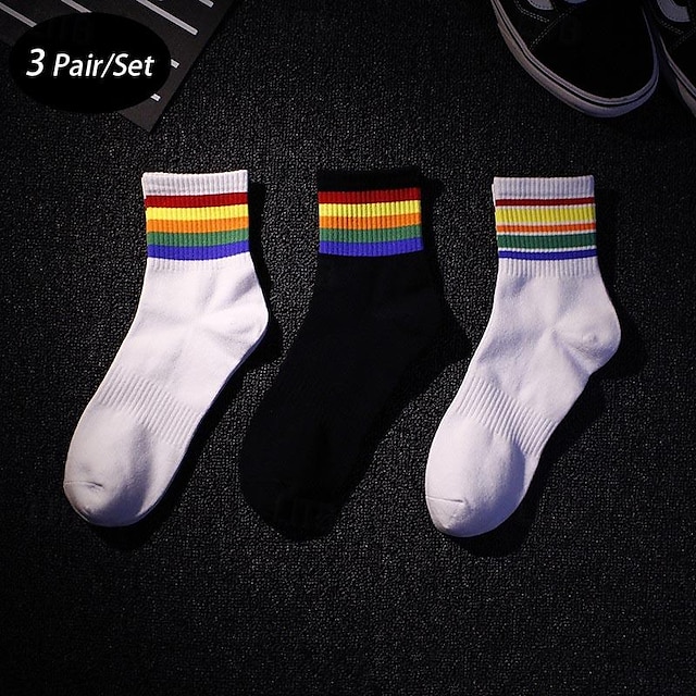 Men's 3 Pack Multi Packs Socks Crew Socks Running Socks Casual Socks White+White+Black Black Color Rainbow Sports & Outdoor Daily Vacation Basic Medium Spring Fall Fashion Casual 11
