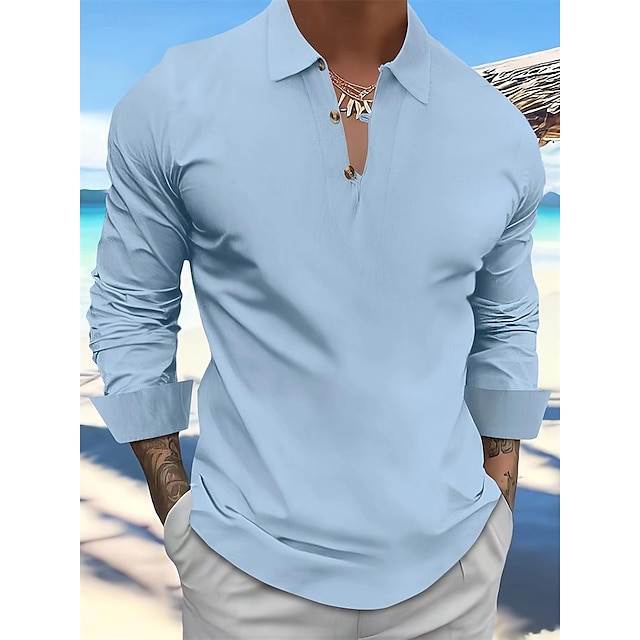  Herren Hemd leinenhemd Popover-Shirt Sommerhemd Strandhemd Schwarz Weiß Blau Langarm Glatt Kragen Frühling Sommer Casual Täglich Bekleidung
