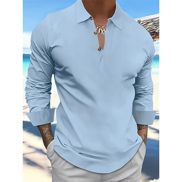 Men's Shirt Linen Shirt Popover Shirt Summer Shirt Beach Wear Plain Vacation Curise Black White Blue Long Sleeve Collar Spring & Summer Clothing Apparel 6
