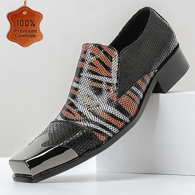  Δερμάτινα Loafers από Πατενταρισμένο Δέρμα με Ζωγραφιστό Σχέδιο Ζώου σε Κόκκινο και Μαύρο Χρυσή Μύτη και Τετράγωνη Μύτη Ιδανικά για Μοντέρνες Εκδηλώσεις και Πάρτι