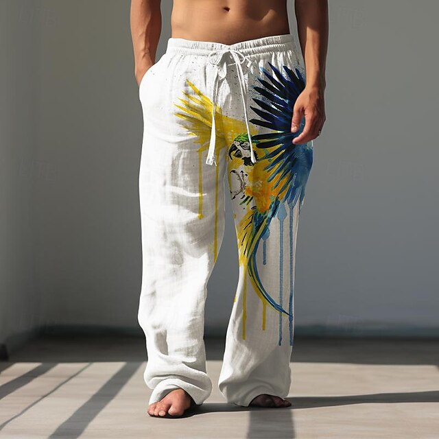 Men's Animal Bird Linen Pants Baggy Pants Mid Waist Hawaiian Casual Outdoor Streetwear Elastic Waist Spring &  Fall Fall & Winter White4