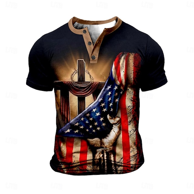  アメリカの米国旗 十字架 ファッション アスレイジャー 男性用 3Dプリント Tシャツ ストリート スポーツ・アウトドア 祭り アメリカ独立記念日 Tシャツ ブラック ヘンリー シャツ 夏 春 衣類 S M L XL XXL 3XL