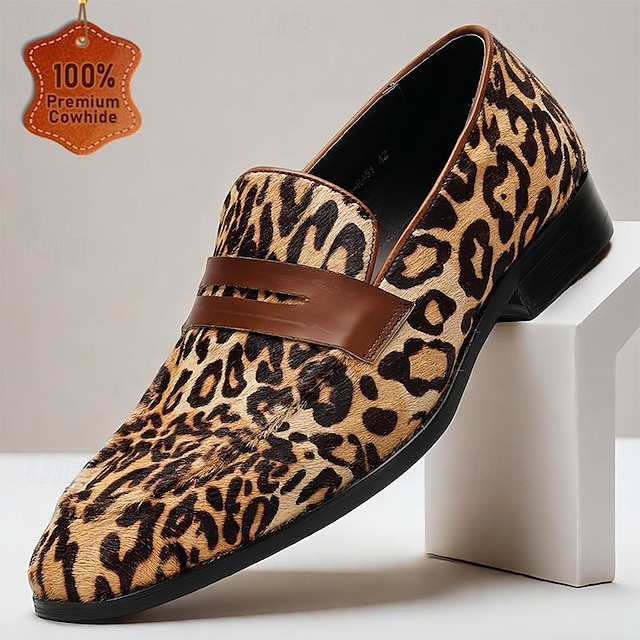  Men's Loafers & Slip-Ons Print Shoes Dress Loafers Leather Italian Full-Grain Cowhide Comfortable Slip Resistant Loafer Yellow-Brown