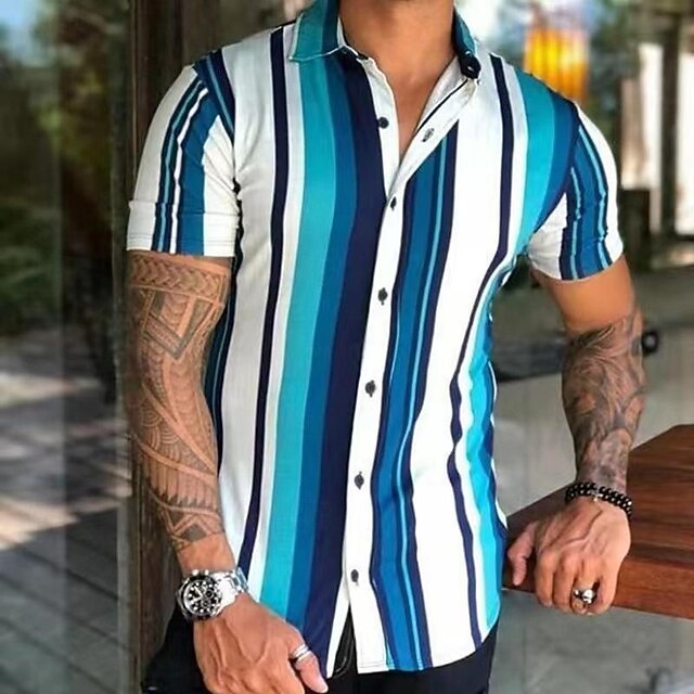 Men's Shirt Summer Shirt Casual Shirt Beach Shirt Button Up Shirt Striped Shirts Blue Orange Short Sleeve Stripes Turndown Vacation Hawaiian Clothing Apparel Polyester Fashion Casual Comfortable3
