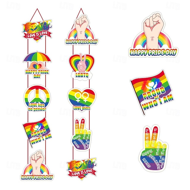  Happy Pride LGBT-Elementsatz. LGBT-Community-Symbole mit Regenbogenfahne, Blume, Herz. Illustrierte Elemente für den Pride Month, Bisexuelle, Transgender, Geschlechtergleichheit, Aufkleber,