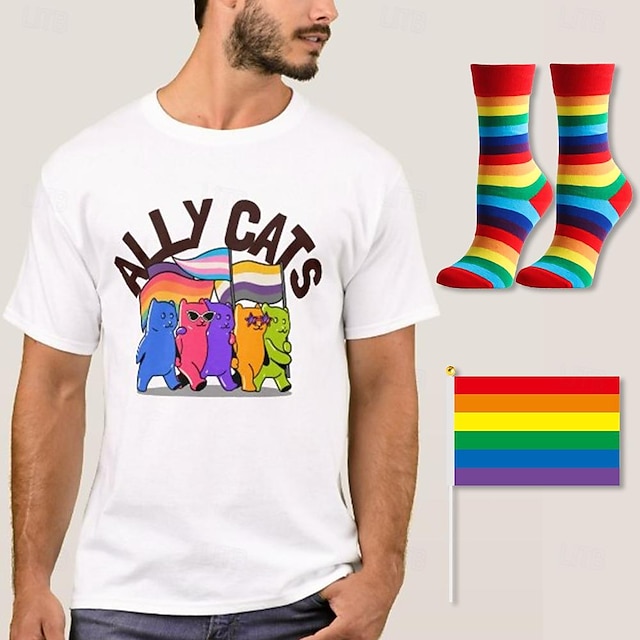  LGBT LGBTQ T-Shirt Pride Shirts mit 1 Paar Socken Regenbogenflagge Set Ally Cats Queer Lesbisch Schwul T-Shirt für Paare Unisex Erwachsene Pride Parade Pride Month Party Karneval