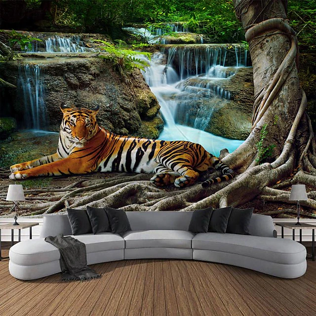 Forest Tiger Landscape Hanging Tapestry Wall Art Large Tapestry Mural Decor Photograph Backdrop Blanket Curtain Home Bedroom Living Room Decoration 6