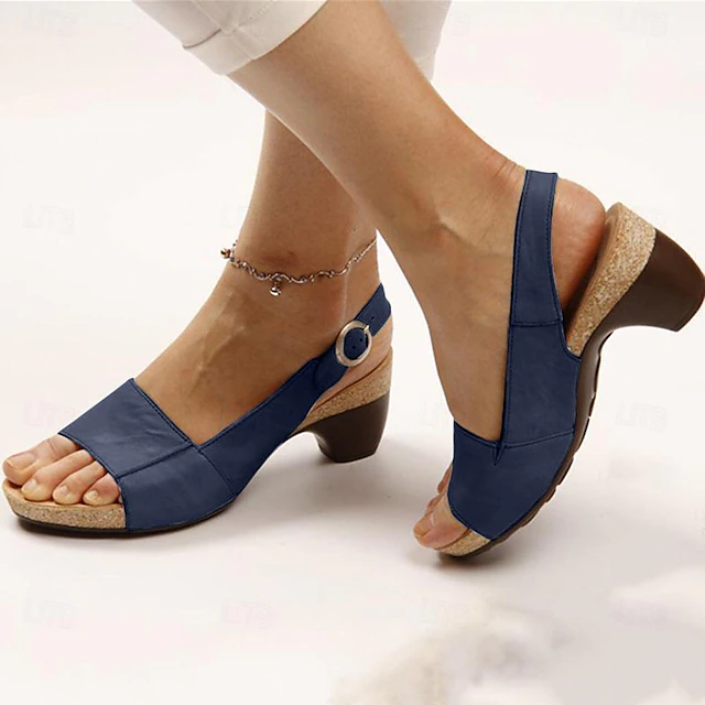 Women's Navy Blue Slingback Wedge Sandals with Open Toe and Buckle Strap - Comfortable Summer Shoes 12