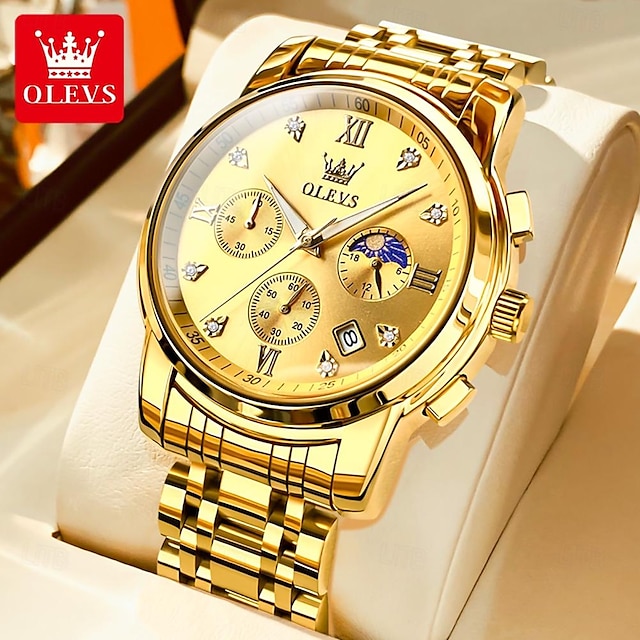  OLEVS Men Quartz Watch Sports Fashion Casual Wristwatch Moon phase Luminous Calendar Chronograph Steel Watch
